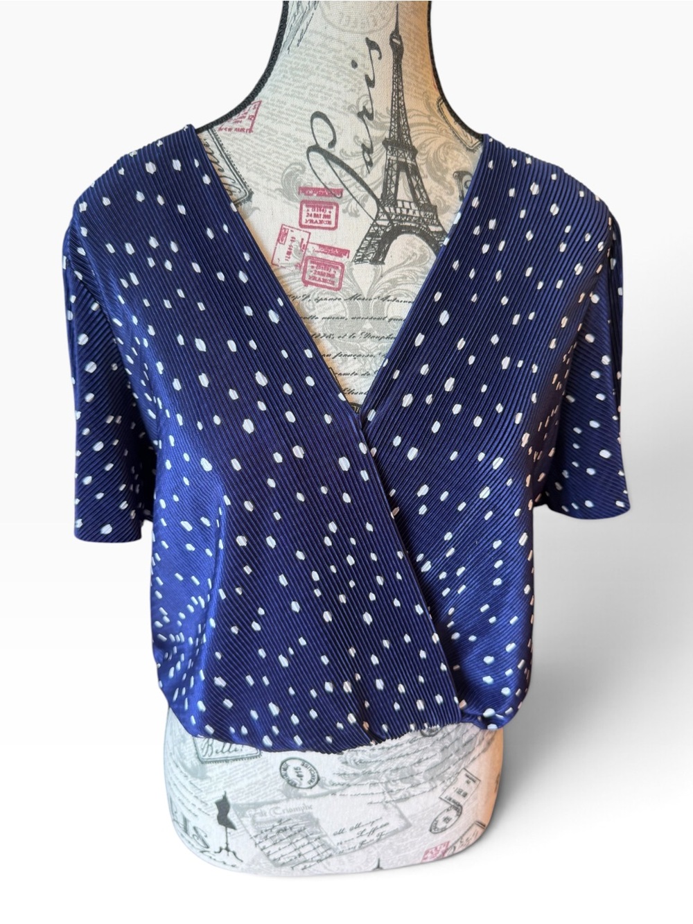 ASTR The Label Navy Polka Dot Plissé Flutter Sleeve Wrap Top Medium